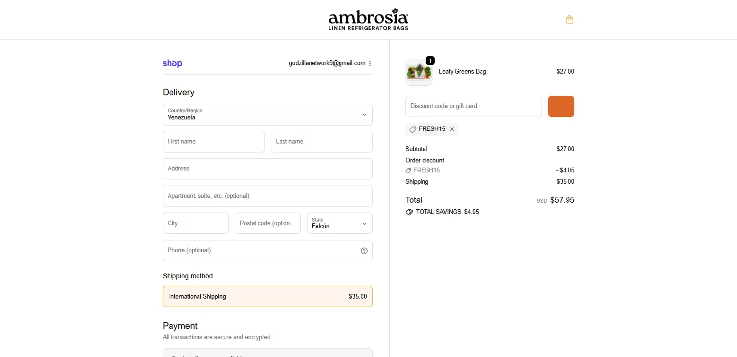 Ambrosia Bags discount code screenshot showing code FRESH15 applied at Ambrosia Bags checkout page. Uploaded by SimplyCodes community member dimitriv on Oct 29, 2025