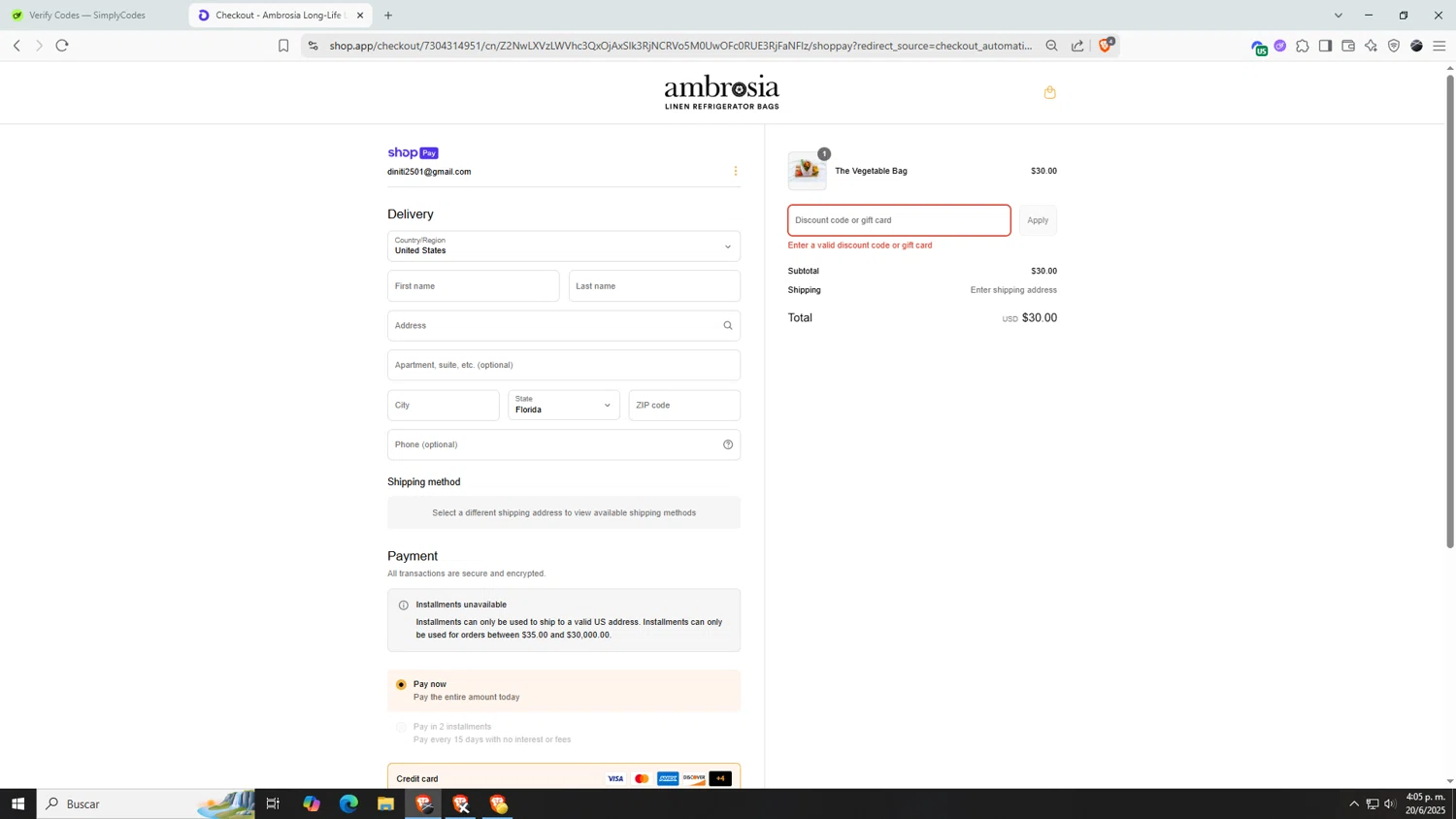 Ambrosia Bags discount code screenshot showing code INSTANT15OFF applied at Ambrosia Bags checkout page. Uploaded by SimplyCodes community member AnthonyGTX on Jun 20, 2025