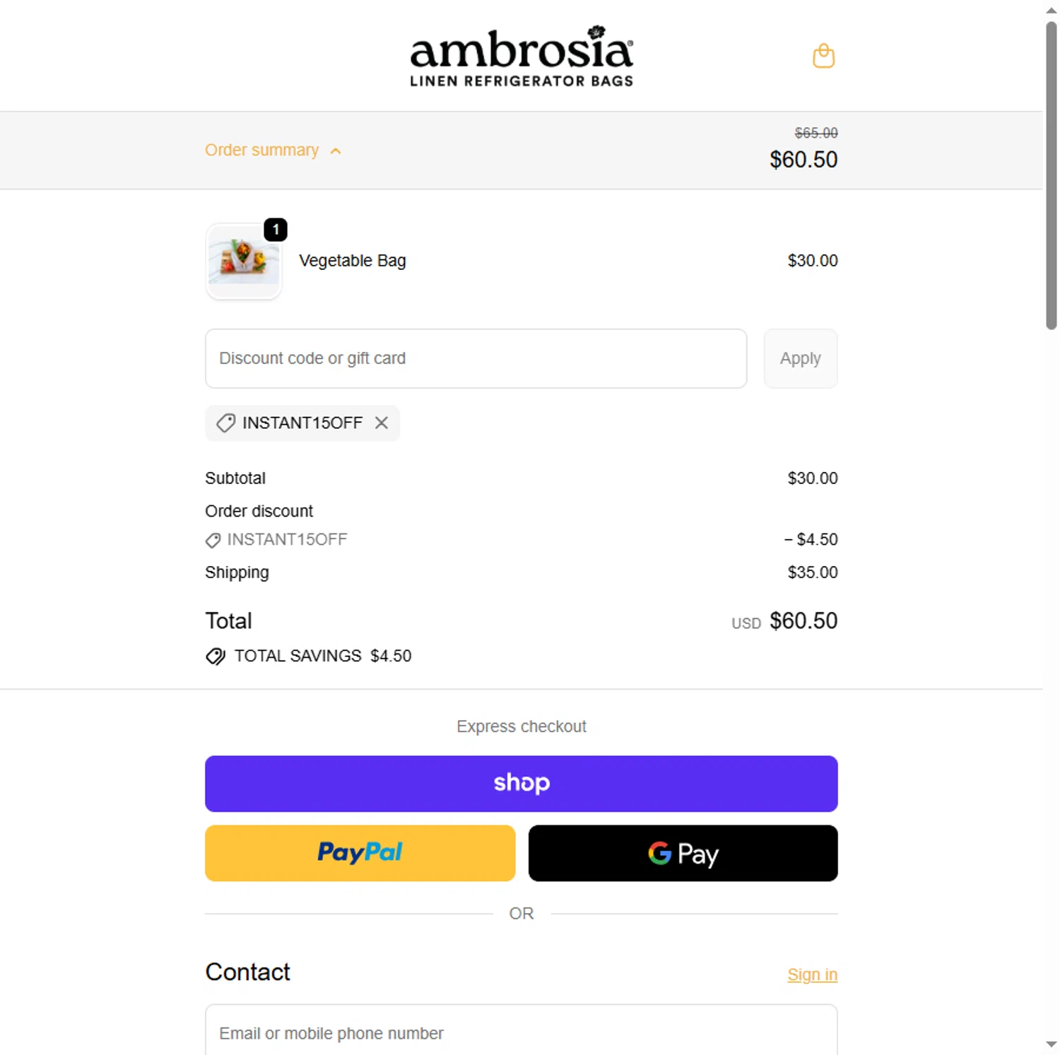 Ambrosia Bags discount code screenshot showing code INSTANT15OFF applied at Ambrosia Bags checkout page. Uploaded by SimplyCodes community member Beaaalmera on Nov 6, 2025