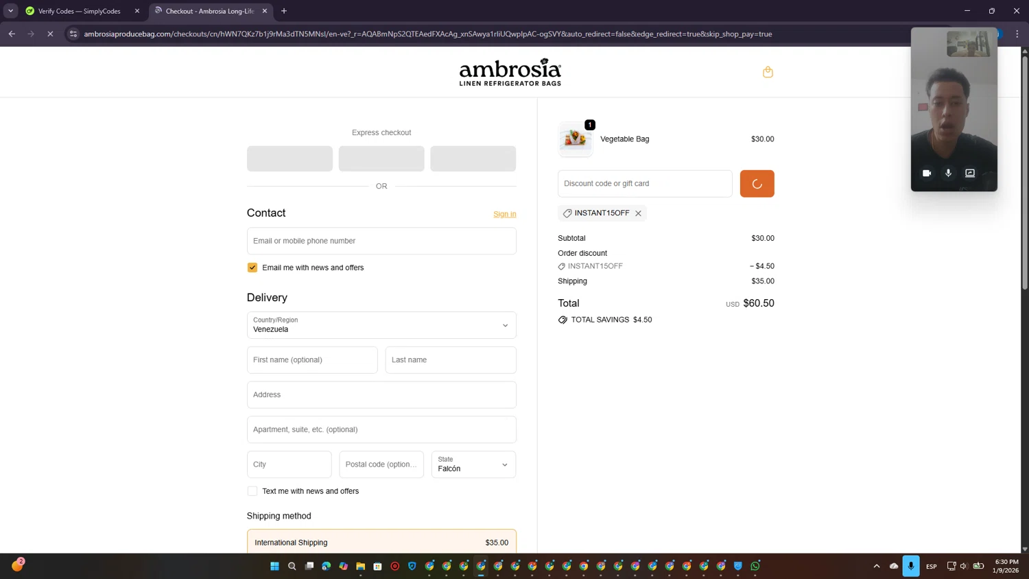 Ambrosia Bags checkout page showing Ambrosia Bags discount code box | Screenshot taken by SimplyCodes community member on Jan 9, 2026