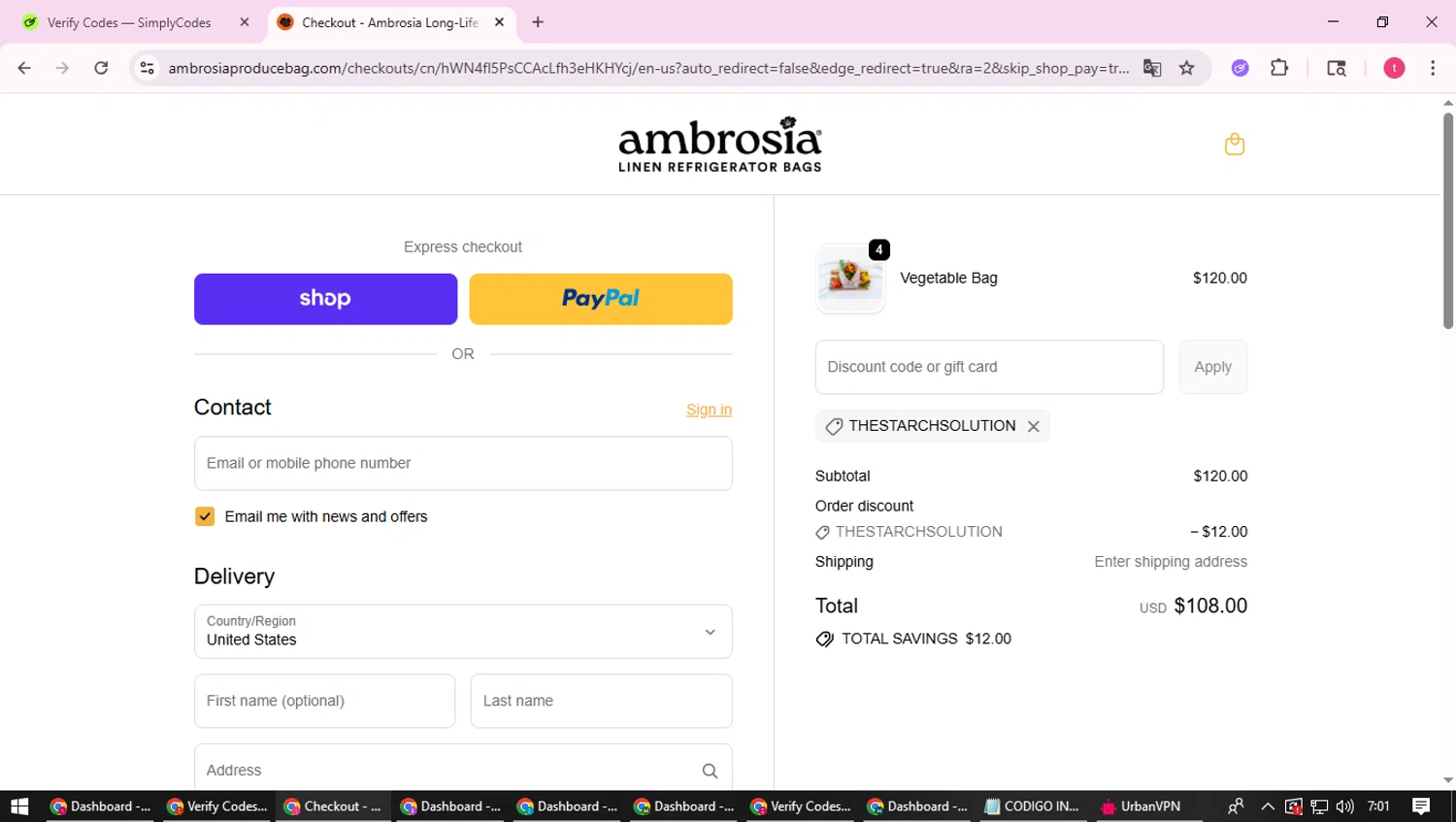 Ambrosia Bags discount code screenshot showing code THESTARCHSOLUTION applied at Ambrosia Bags checkout page. Uploaded by SimplyCodes community member ScanExpert2824 on Oct 29, 2025
