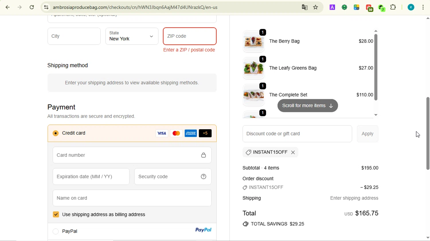 Ambrosia Bags discount code screenshot showing code INSTANT15OFF applied at Ambrosia Bags checkout page. Uploaded by SimplyCodes community member LOVECOUPON on Sep 23, 2025