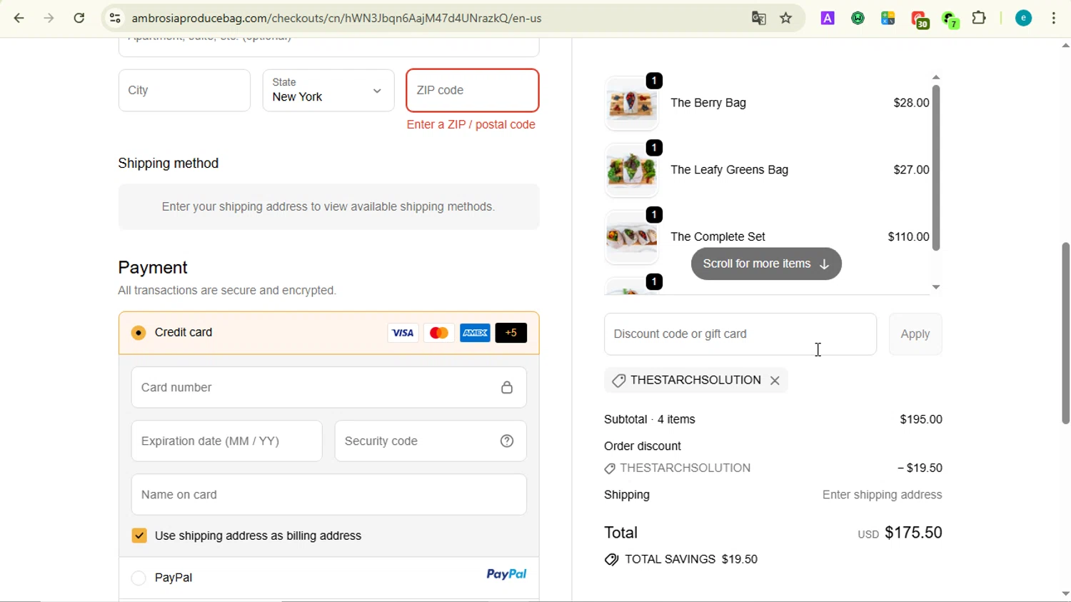 Ambrosia Bags discount code screenshot showing code THESTARCHSOLUTION applied at Ambrosia Bags checkout page. Uploaded by SimplyCodes community member LOVECOUPON on Sep 23, 2025