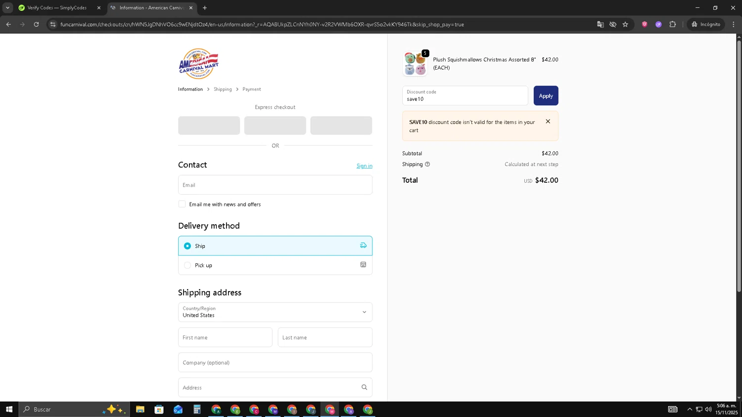 American Carnival Mart discount code screenshot showing code save10 applied at American Carnival Mart checkout page. Uploaded by SimplyCodes community member CBR600 on Nov 15, 2025
