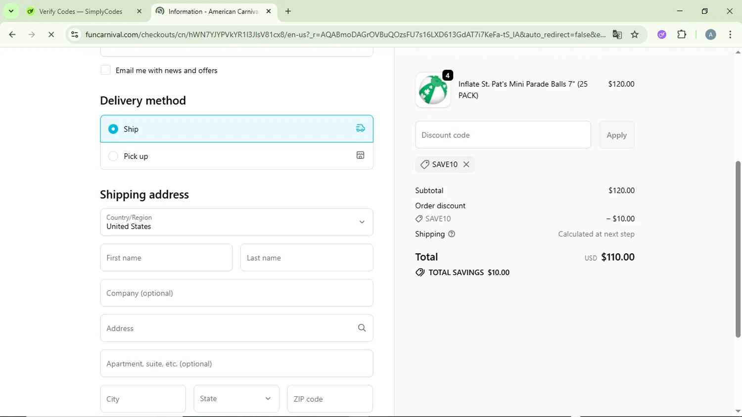 American Carnival Mart discount code screenshot showing code save10 applied at American Carnival Mart checkout page. Uploaded by SimplyCodes community member DiscountVirtuoso6243 on Jan 13, 2026