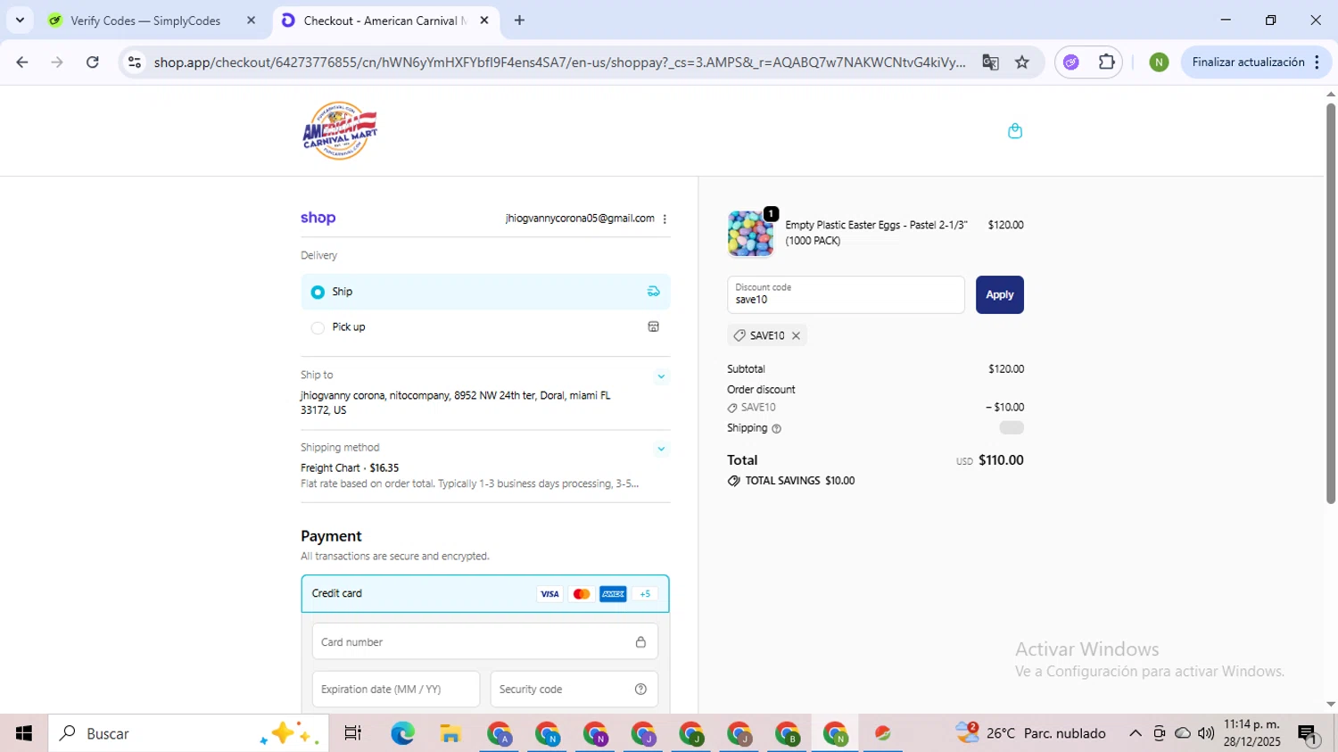 American Carnival Mart discount code screenshot showing code save10 applied at American Carnival Mart checkout page. Uploaded by SimplyCodes community member TokenMaverick6956 on Dec 29, 2025