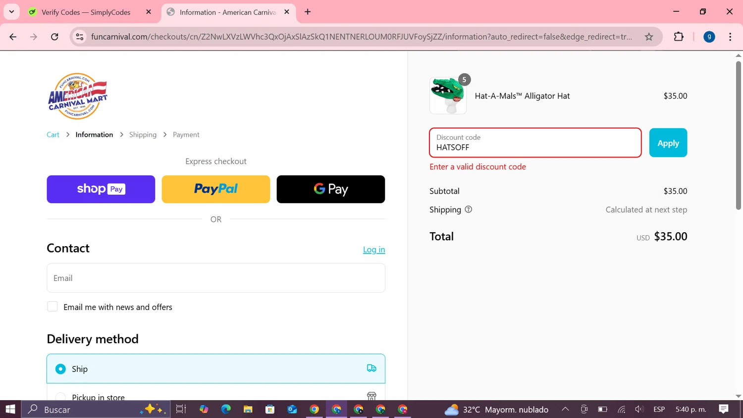 American Carnival Mart discount code screenshot showing code HATSOFF applied at American Carnival Mart checkout page. Uploaded by SimplyCodes community member MoneyTiger7289 on Mar 11, 2025