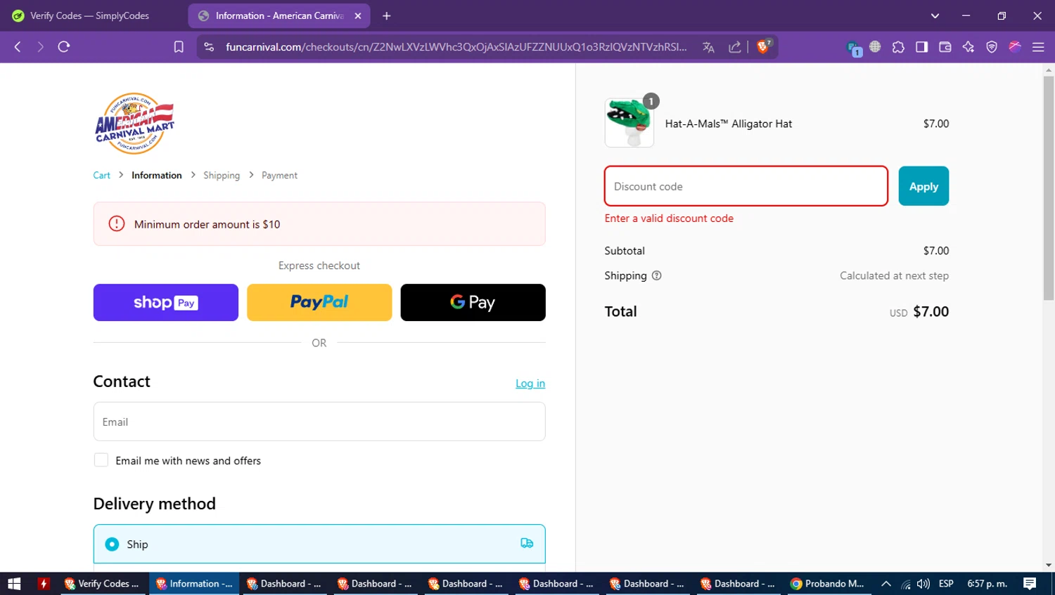American Carnival Mart discount code screenshot showing code HATSOFF applied at American Carnival Mart checkout page. Uploaded by SimplyCodes community member CleverMaverick2546 on Mar 11, 2025