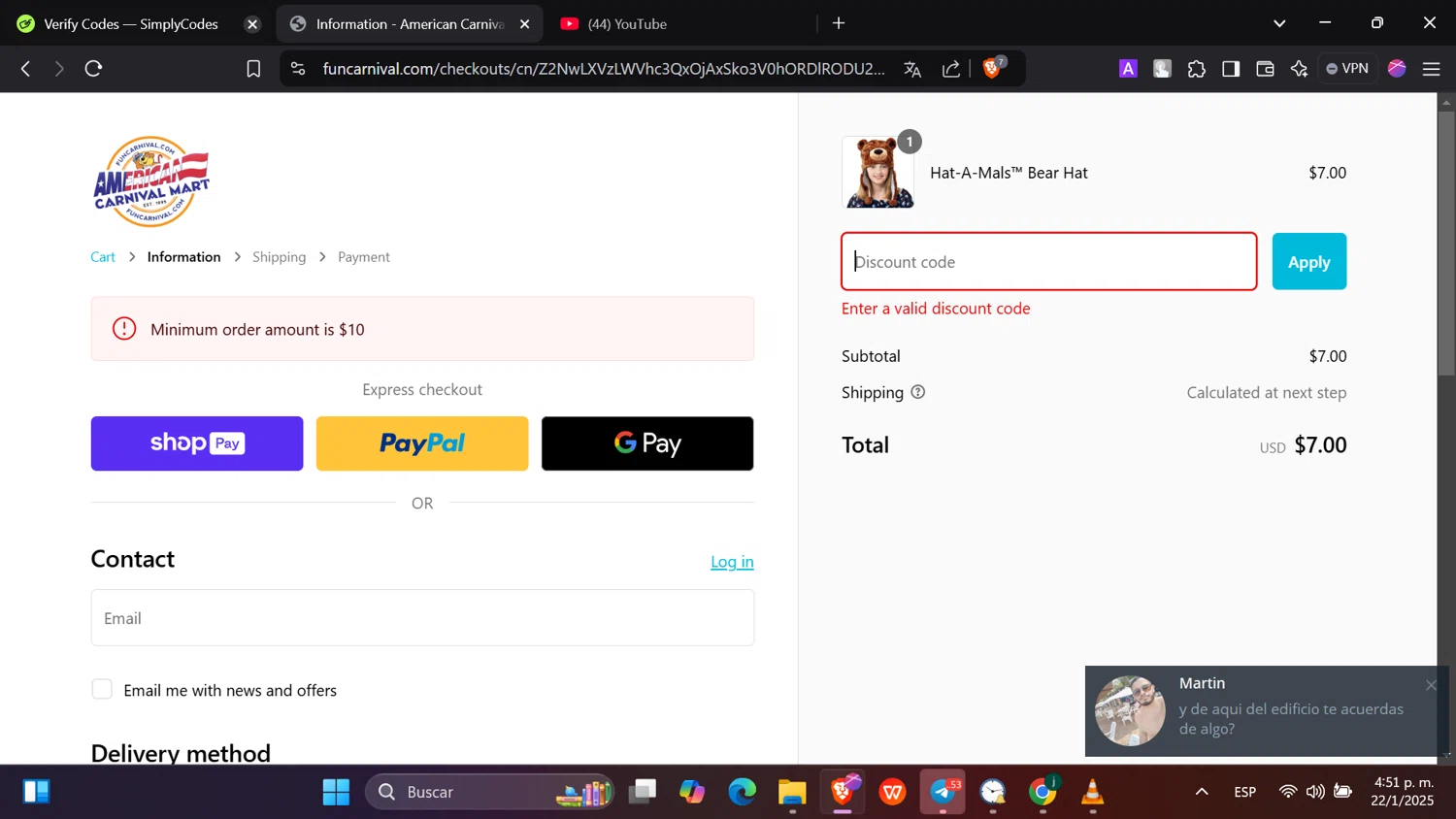 American Carnival Mart discount code screenshot showing code HATSOFF applied at American Carnival Mart checkout page. Uploaded by SimplyCodes community member hanzell2 on Jan 22, 2025