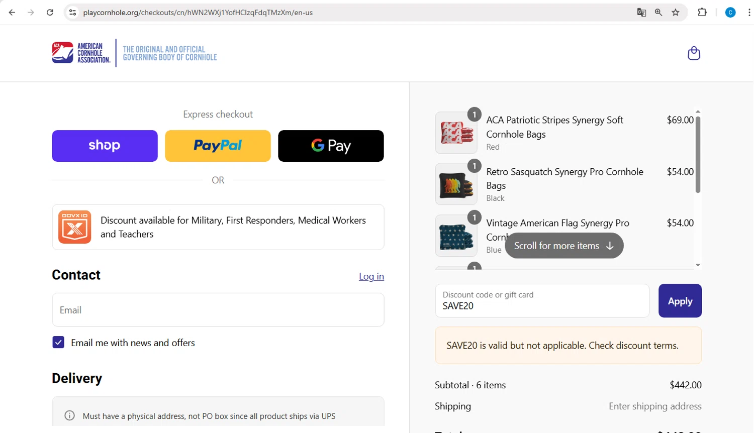 American Cornhole Association discount code screenshot showing code SAVE20 applied at American Cornhole Association checkout page. Uploaded by SimplyCodes community member PromoBoss9319 on Sep 2, 2025