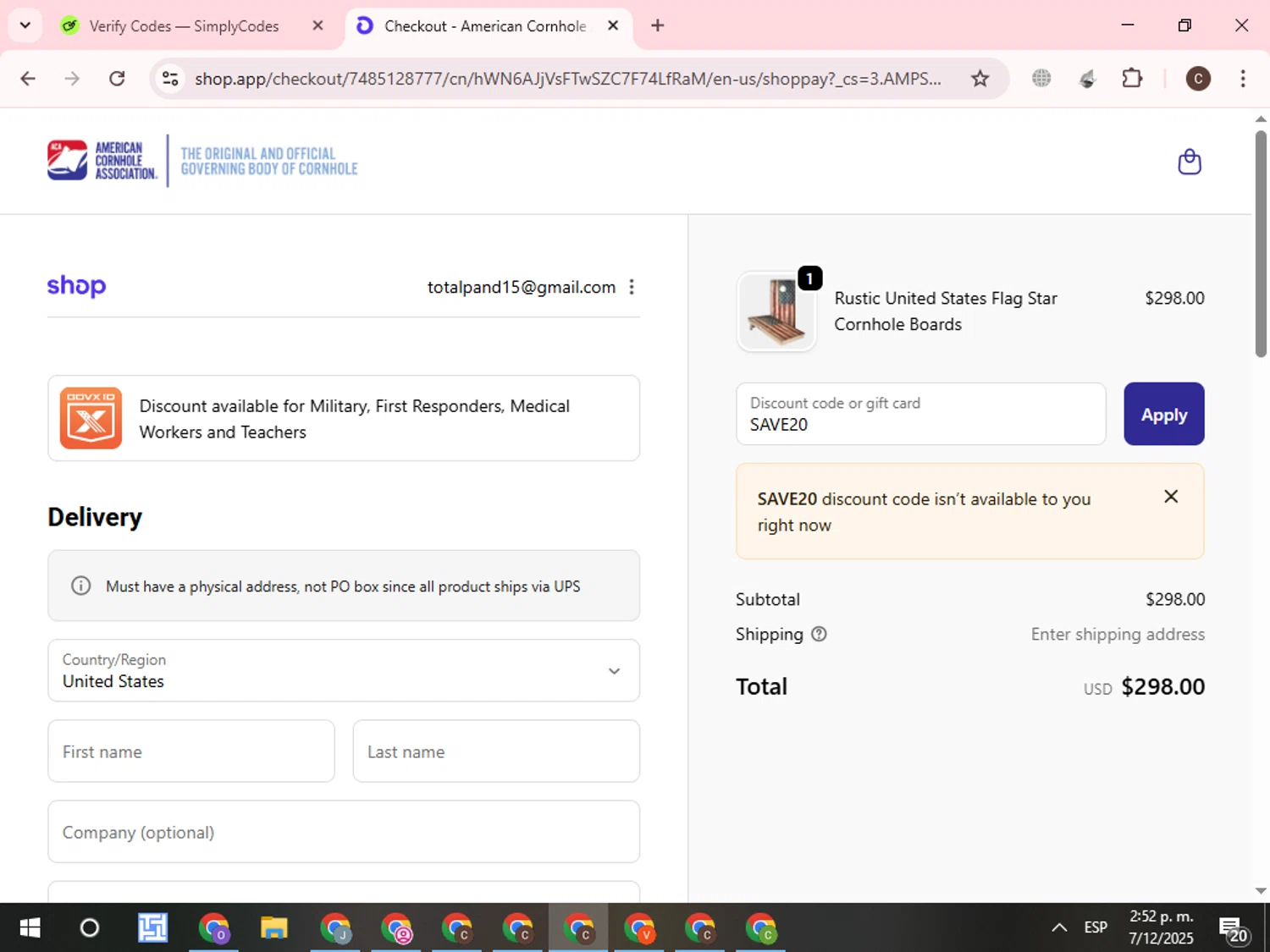American Cornhole Association discount code screenshot showing code SAVE20 applied at American Cornhole Association checkout page. Uploaded by SimplyCodes community member WonderCurator7831 on Dec 7, 2025