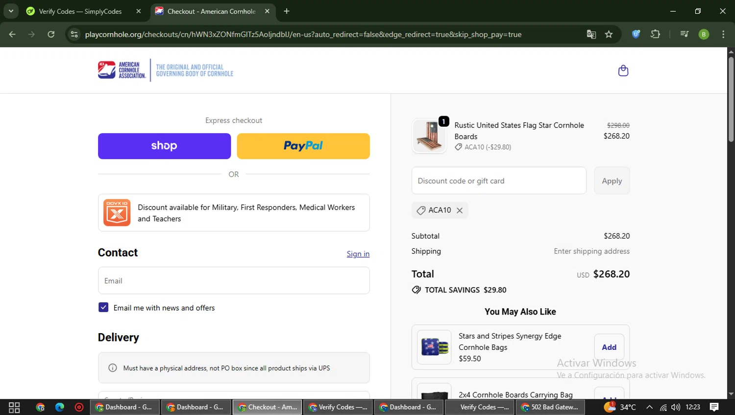 American Cornhole Association discount code screenshot showing code ACA10 applied at American Cornhole Association checkout page. Uploaded by SimplyCodes community member RoyalAdmiral5066 on Oct 10, 2025