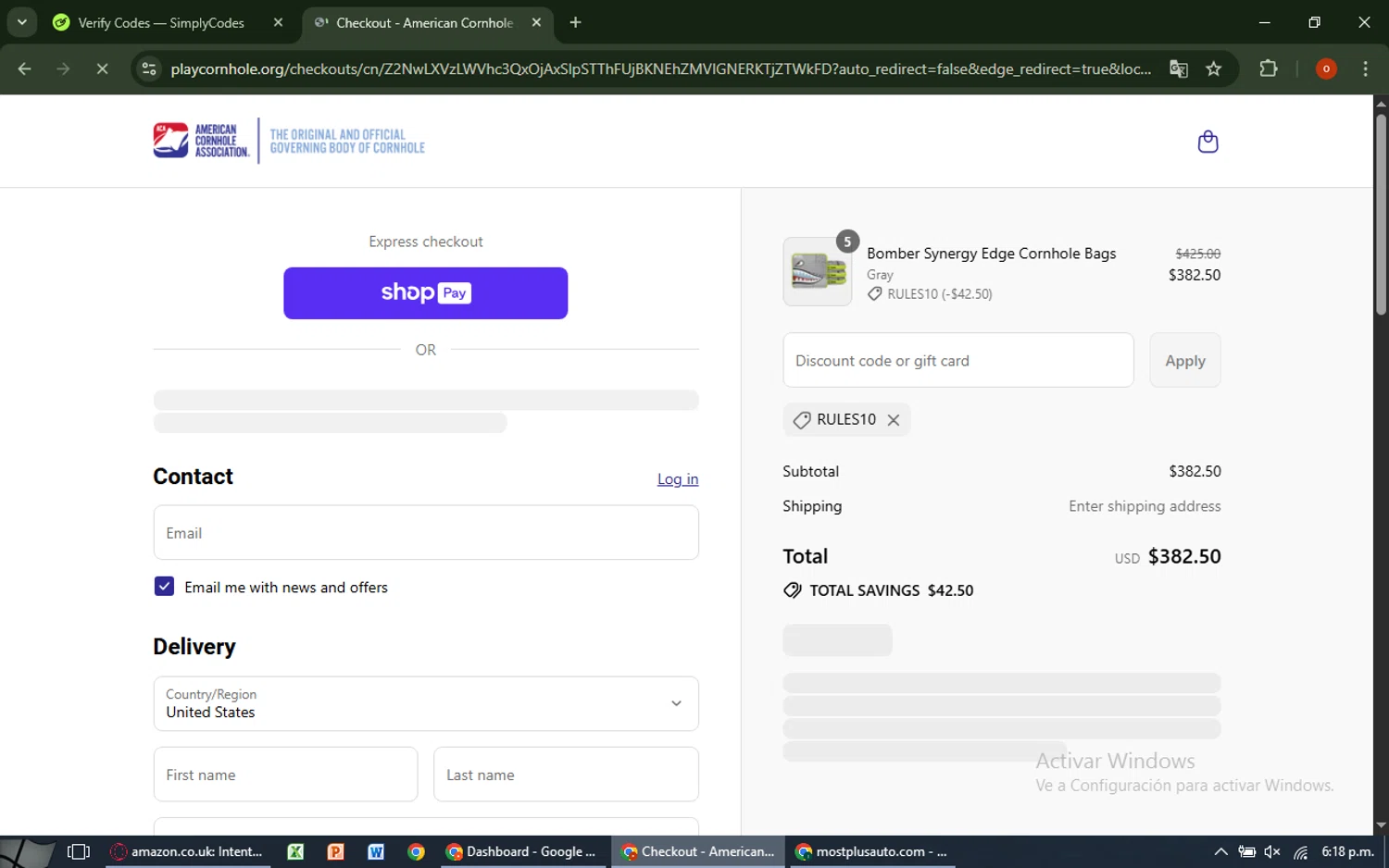 American Cornhole Association discount code screenshot showing code RULES10 applied at American Cornhole Association checkout page. Uploaded by SimplyCodes community member CashAdmiral6490 on Jul 9, 2025