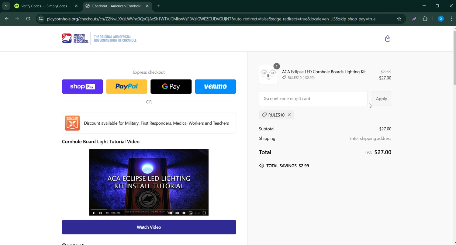 American Cornhole Association discount code screenshot showing code RULES10 applied at American Cornhole Association checkout page. Uploaded by SimplyCodes community member GoldAdmiral5202 on Feb 24, 2025
