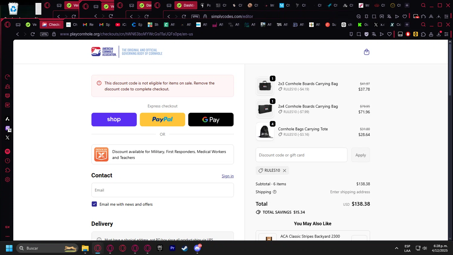 American Cornhole Association discount code screenshot showing code RULES10 applied at American Cornhole Association checkout page. Uploaded by SimplyCodes community member kurcovein on Dec 4, 2025