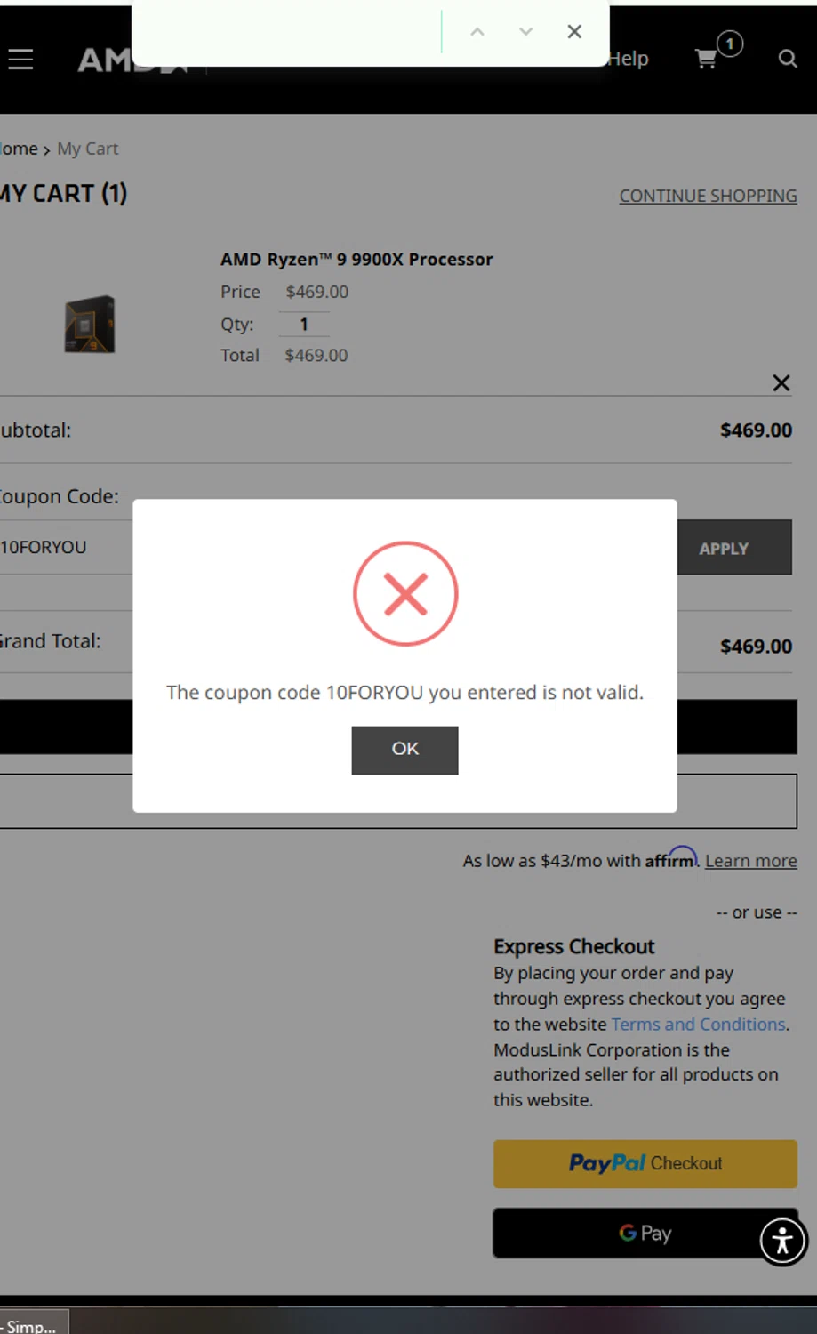 AMD coupon code screenshot showing code 10FORYOU applied at AMD checkout page. Uploaded by SimplyCodes community member alejandroadrianza on Jan 12, 2025