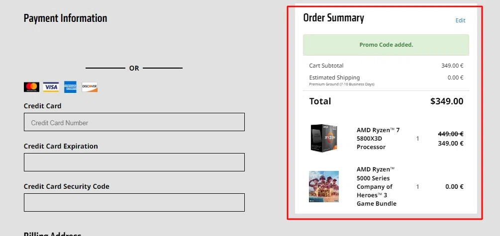 AMD checkout page showing AMD coupon code box | Screenshot taken by SimplyCodes community member on Mar 23, 2023