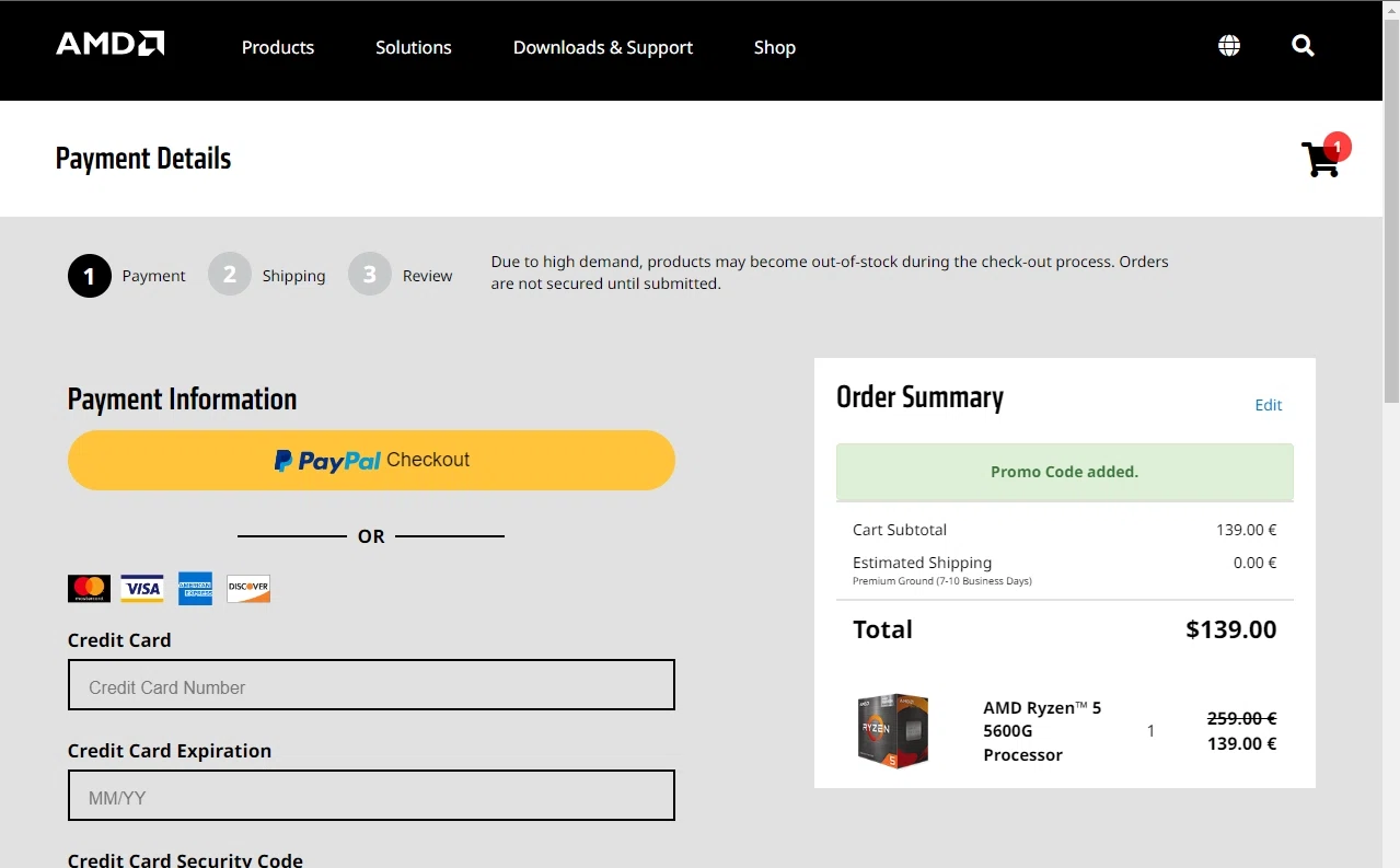 AMD checkout page showing AMD coupon code box | Screenshot taken by SimplyCodes community member on Mar 13, 2023
