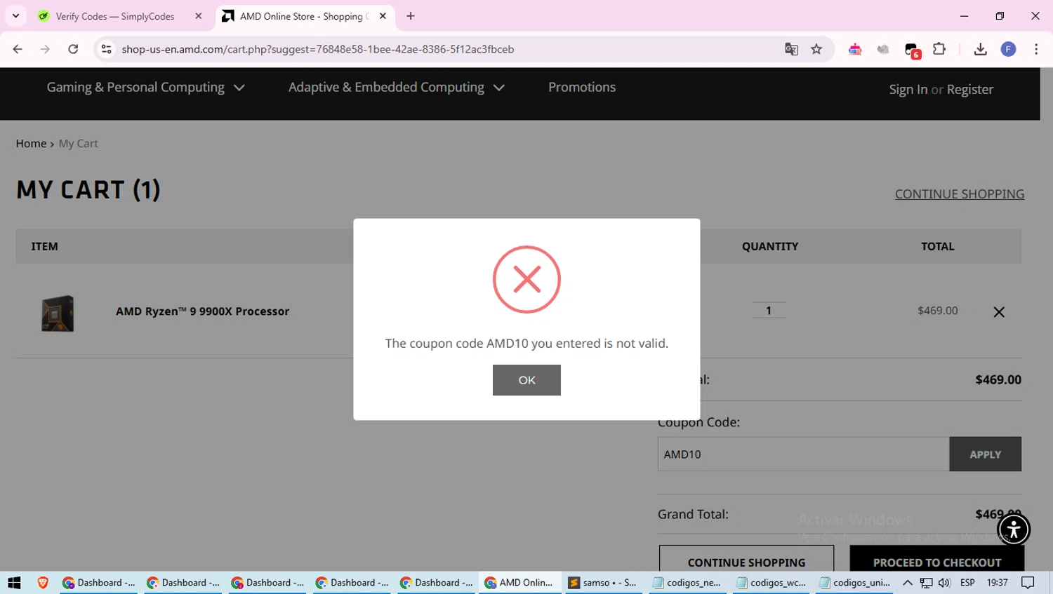AMD coupon code screenshot showing code AMD10 applied at AMD checkout page. Uploaded by SimplyCodes community member loversuper on Jan 17, 2025