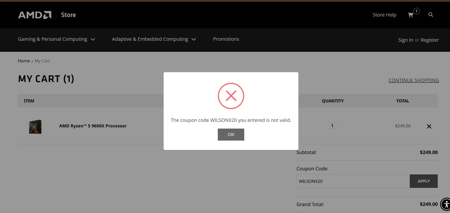 AMD coupon code screenshot showing code WILSONX20 applied at AMD checkout page. Uploaded by SimplyCodes community member ArizaJesus on Dec 30, 2024