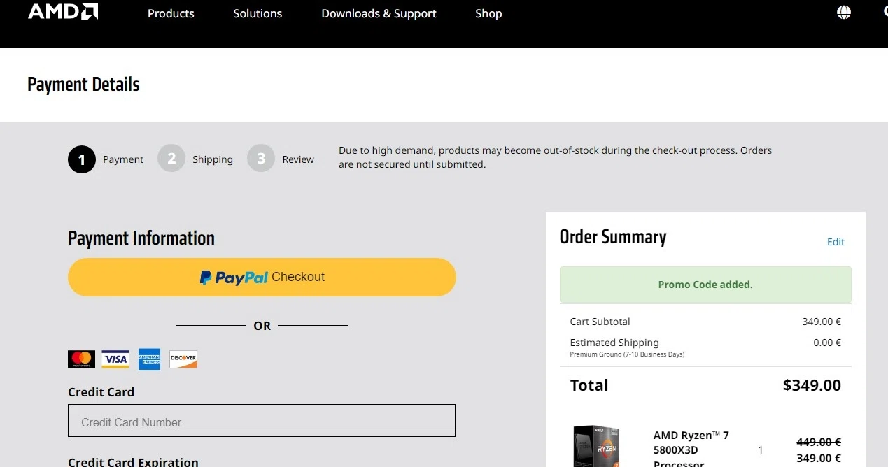 AMD checkout page showing AMD coupon code box | Screenshot taken by SimplyCodes community member on Mar 23, 2023