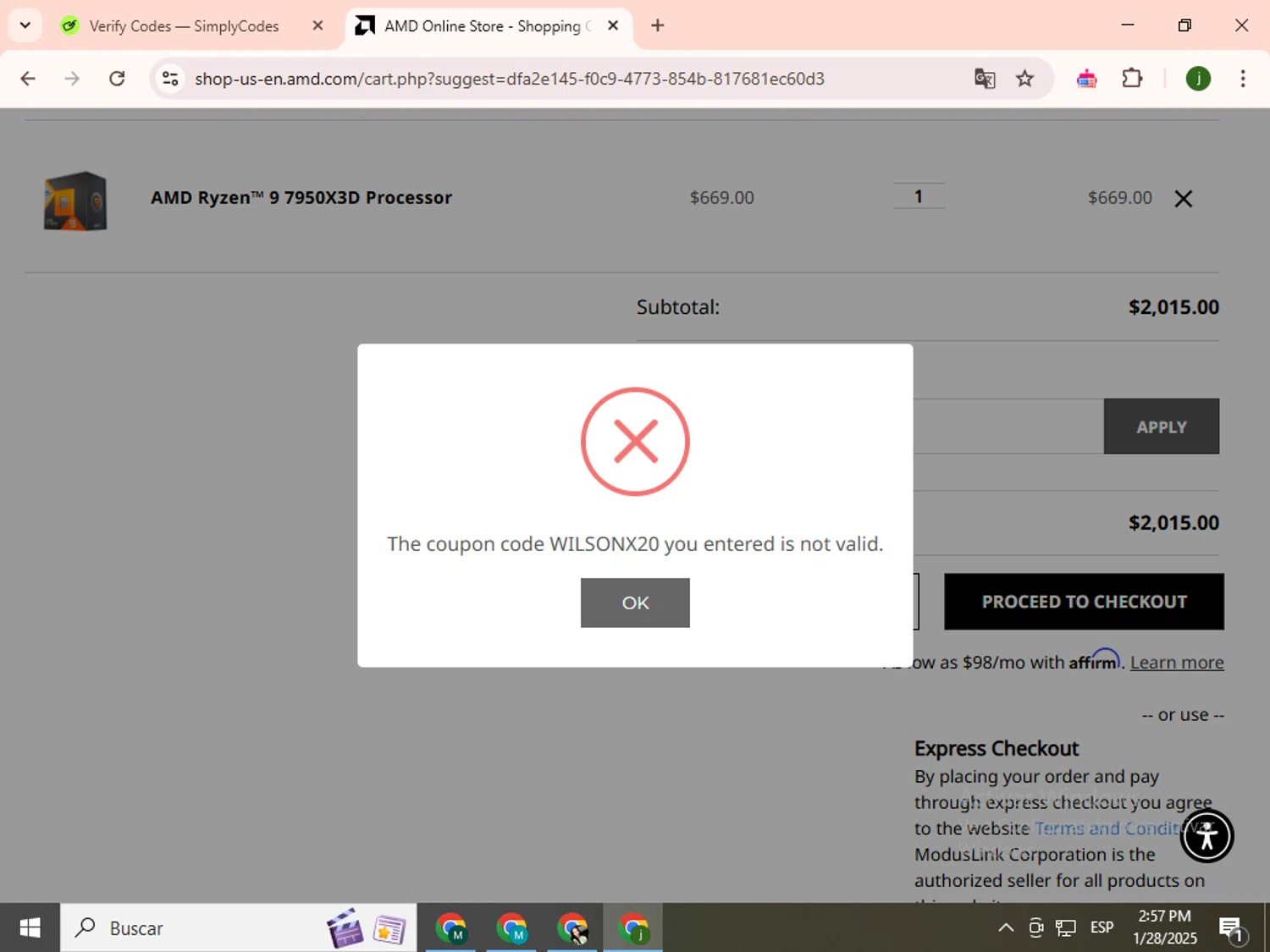AMD coupon code screenshot showing code WILSONX20 applied at AMD checkout page. Uploaded by SimplyCodes community member SavingsCollector2592 on Jan 28, 2025