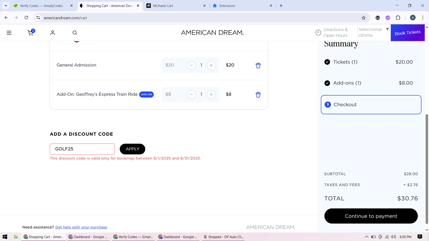 American Dream promo code screenshot showing code GOLF25 applied at American Dream checkout page. Uploaded by SimplyCodes community member BonusMonarch7015 on Aug 29, 2025
