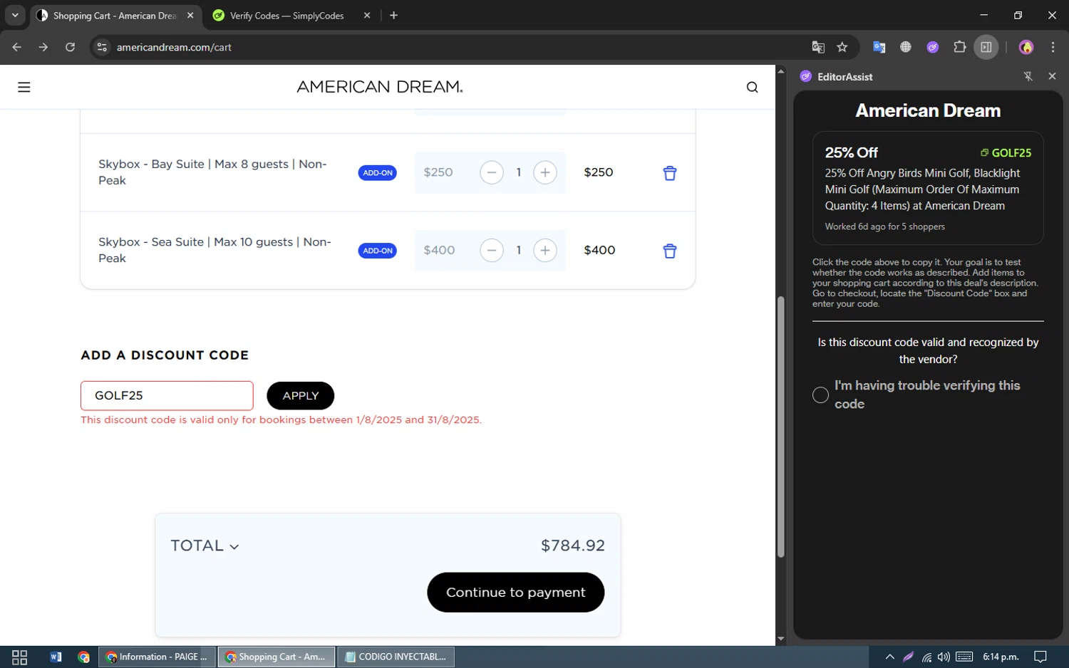 American Dream promo code screenshot showing code GOLF25 applied at American Dream checkout page. Uploaded by SimplyCodes community member LassoReyes on Aug 29, 2025