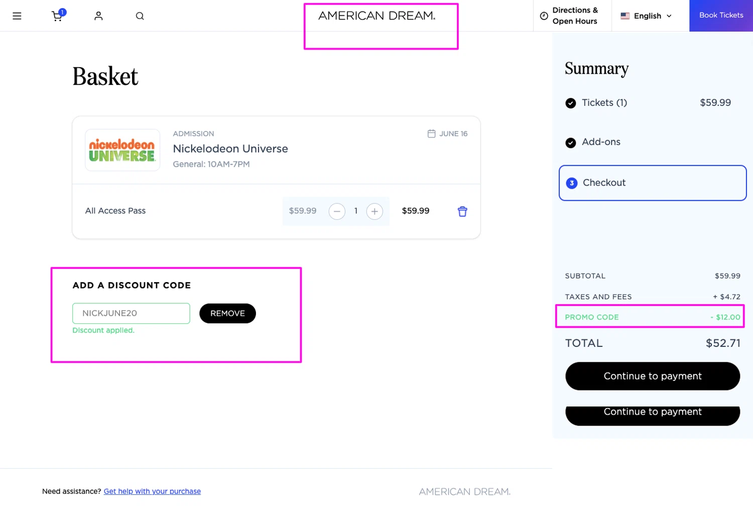 American Dream promo code screenshot showing code NICKJUNE20 applied at American Dream checkout page. Uploaded by SimplyCodes community member chandlerbing on Jun 12, 2026