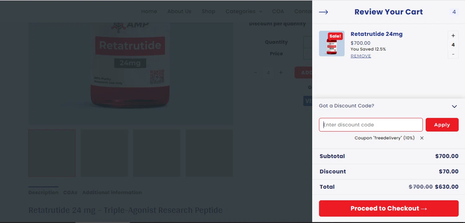 Ameano Peptides promo code screenshot showing code freedelivery applied at Ameano Peptides checkout page. Uploaded by SimplyCodes community member BargainShopper1384 on Nov 16, 2025