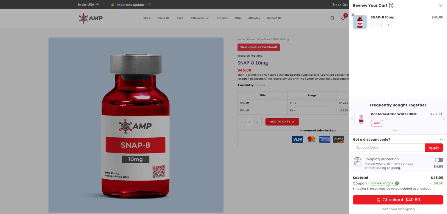 Ameano Peptides promo code screenshot showing code jonaivervargas applied at Ameano Peptides checkout page. Uploaded by SimplyCodes community member SwiftHunter5737 on Feb 5, 2026