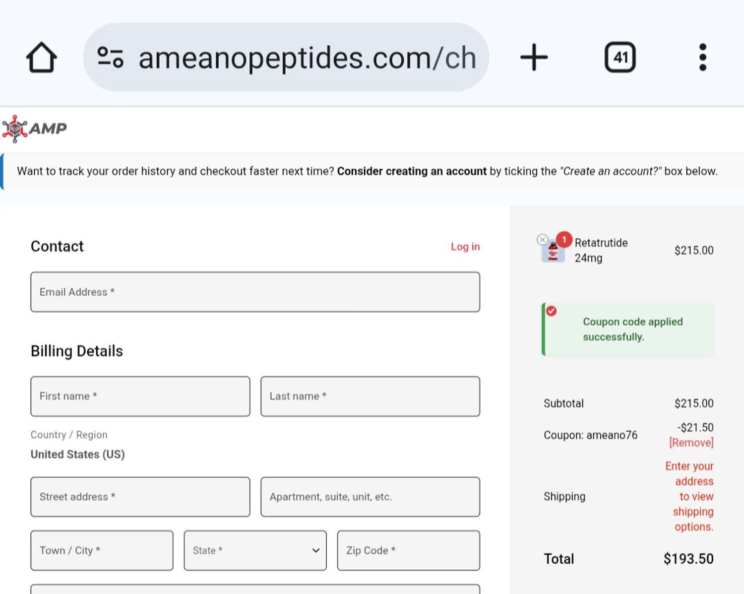 Ameano Peptides promo code screenshot showing code ameannos applied at Ameano Peptides checkout page. Uploaded by SimplyCodes community member CleverGuardian861 on Sep 19, 2025