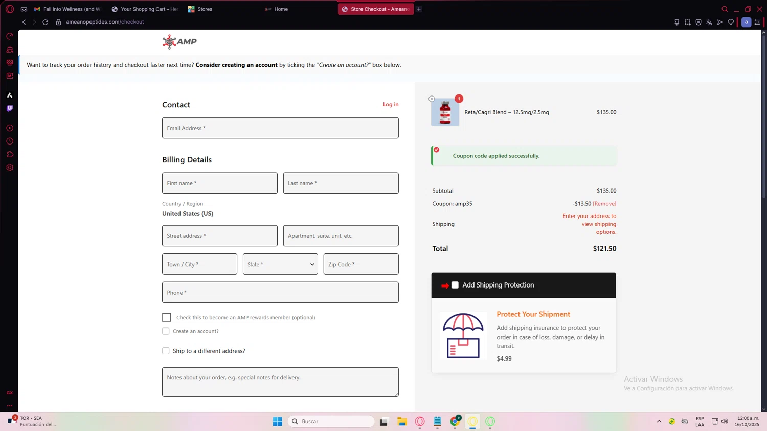 Ameano Peptides promo code screenshot showing code AMP35 applied at Ameano Peptides checkout page. Uploaded by SimplyCodes community member QuestShopper227 on Oct 16, 2025