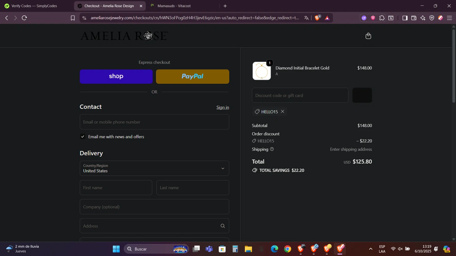 Amelia Rose Design promo code screenshot showing code HELLO15 applied at Amelia Rose Design checkout page. Uploaded by SimplyCodes community member FortunateRanger1171 on Oct 6, 2025