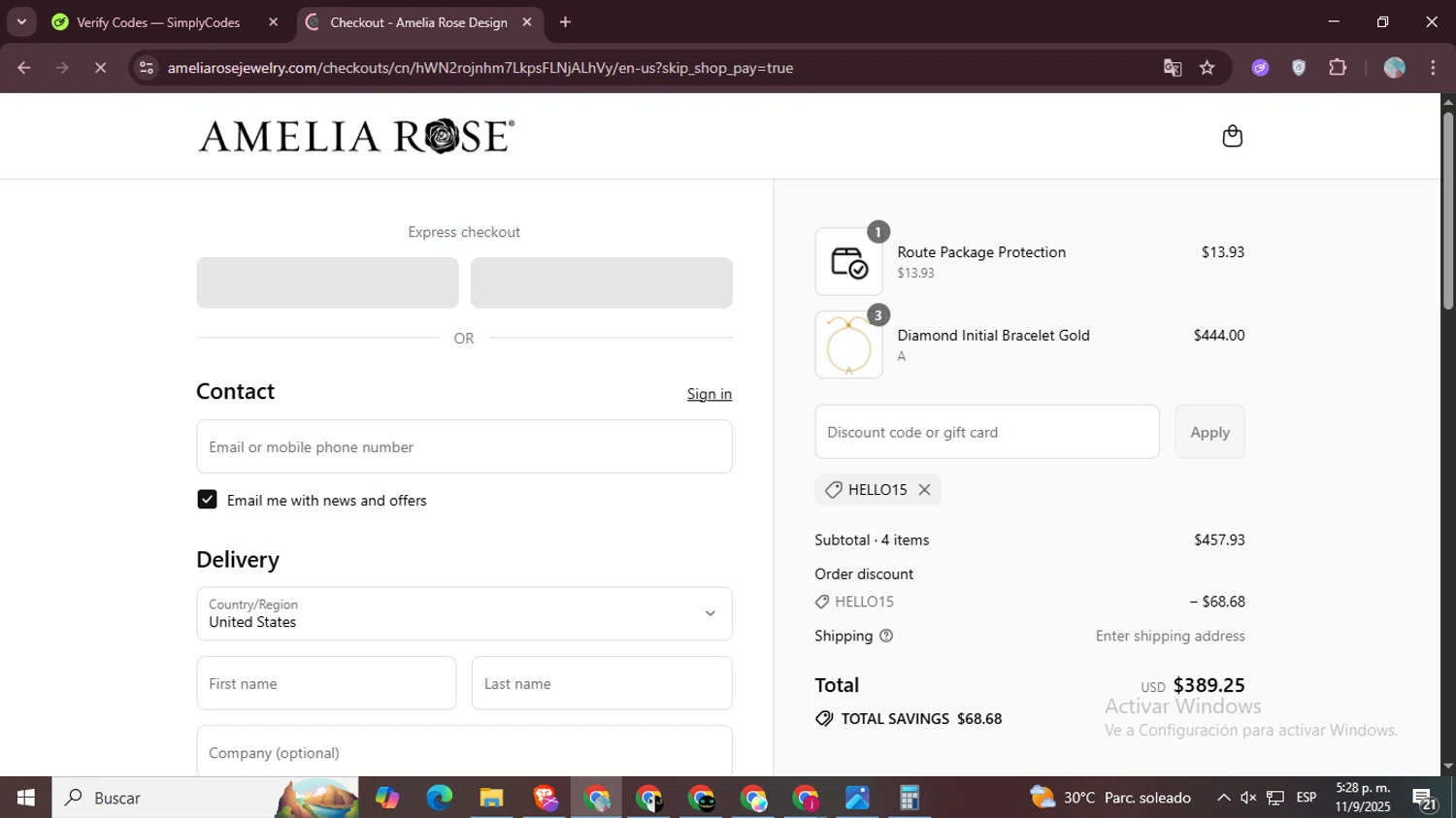 Amelia Rose Design promo code screenshot showing code HELLO15 applied at Amelia Rose Design checkout page. Uploaded by SimplyCodes community member LegendaryPro7106 on Sep 11, 2025