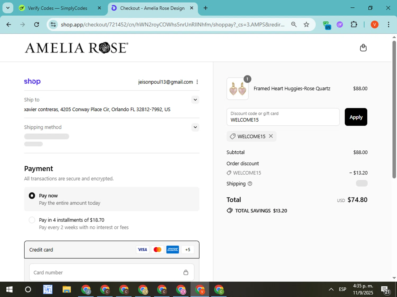 Amelia Rose Design promo code screenshot showing code WELCOME15 applied at Amelia Rose Design checkout page. Uploaded by SimplyCodes community member CodeMonarch8148 on Sep 11, 2025