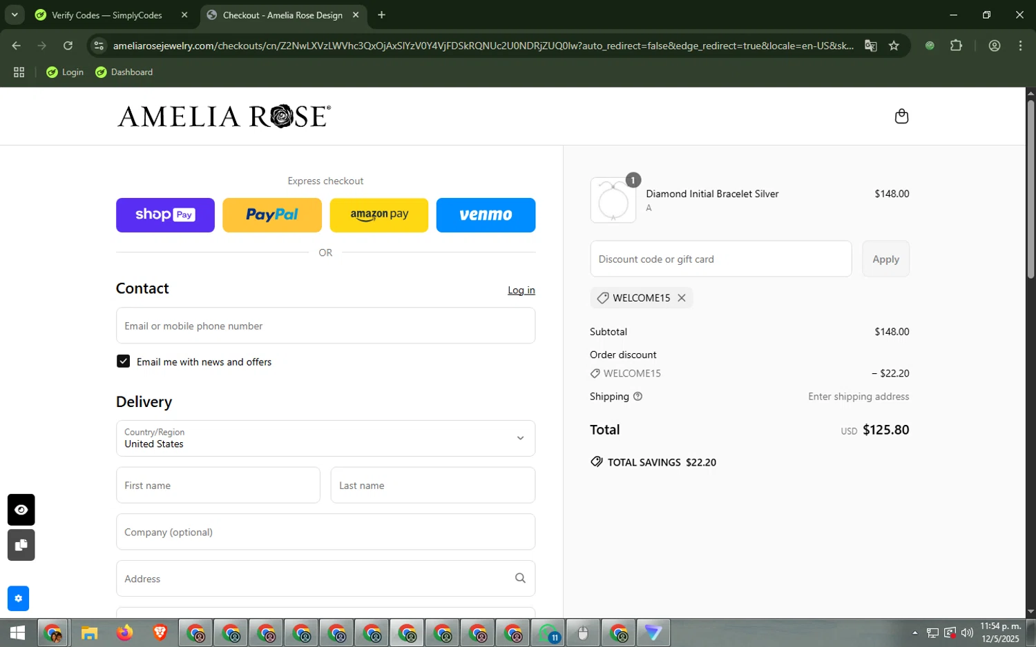 Amelia Rose Design promo code screenshot showing code WELCOME15 applied at Amelia Rose Design checkout page. Uploaded by SimplyCodes community member ValueMaven2223 on May 13, 2025