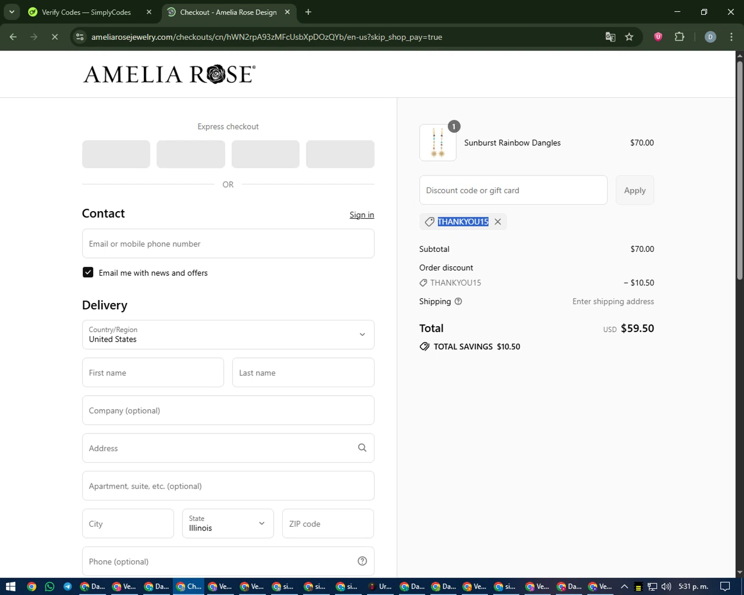 Amelia Rose Design promo code screenshot showing code THANKYOU15 applied at Amelia Rose Design checkout page. Uploaded by SimplyCodes community member CleverCurator2558 on Sep 11, 2025