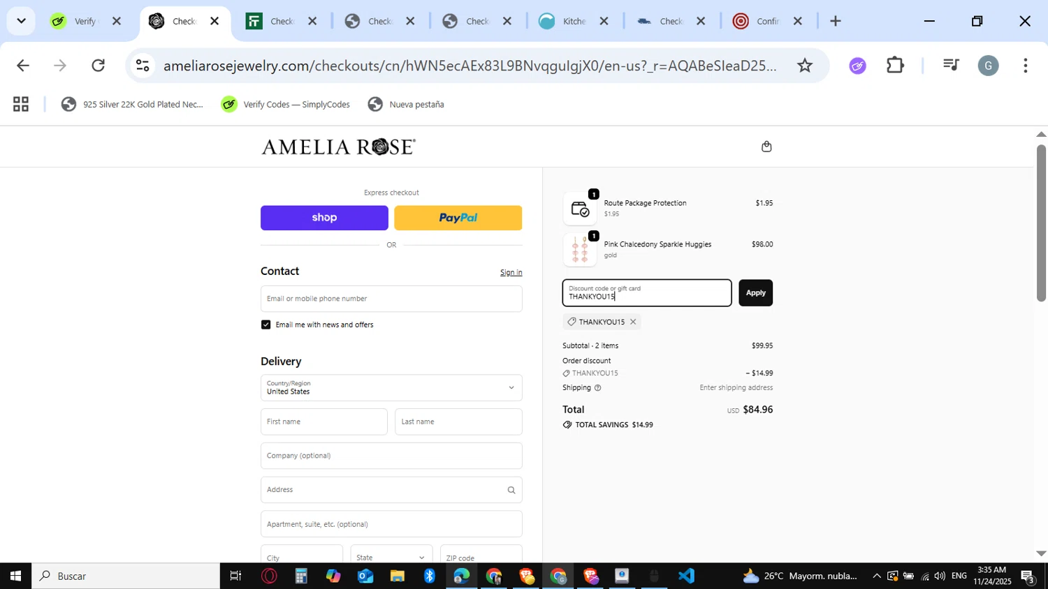 Amelia Rose Design promo code screenshot showing code THANKYOU15 applied at Amelia Rose Design checkout page. Uploaded by SimplyCodes community member guest_623525963 on Nov 24, 2025
