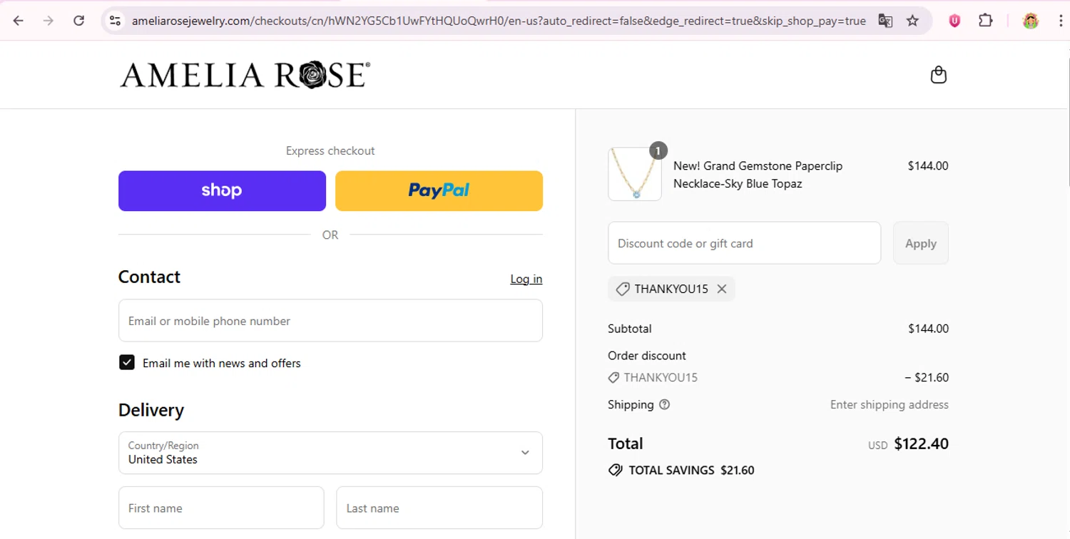 Amelia Rose Design promo code screenshot showing code THANKYOU15 applied at Amelia Rose Design checkout page. Uploaded by SimplyCodes community member laurachirinos on Sep 3, 2025