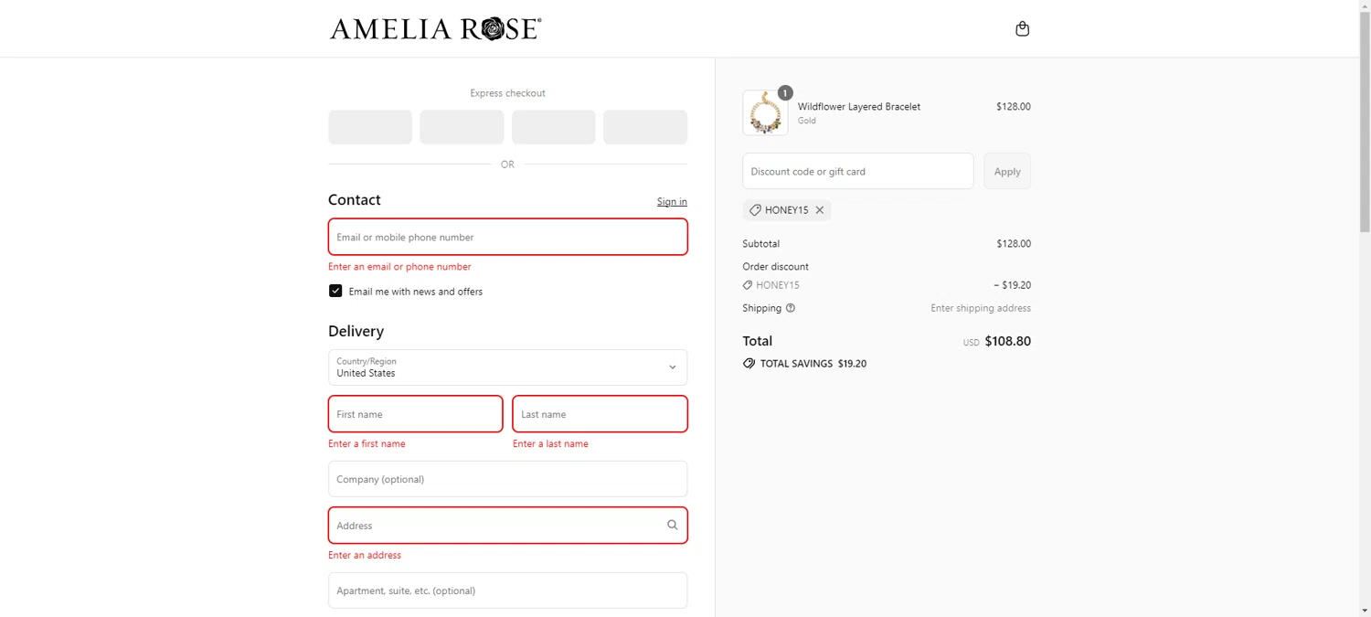 Amelia Rose Design promo code screenshot showing code HONEY15 applied at Amelia Rose Design checkout page. Uploaded by SimplyCodes community member NobleMaestro6498 on Sep 11, 2025