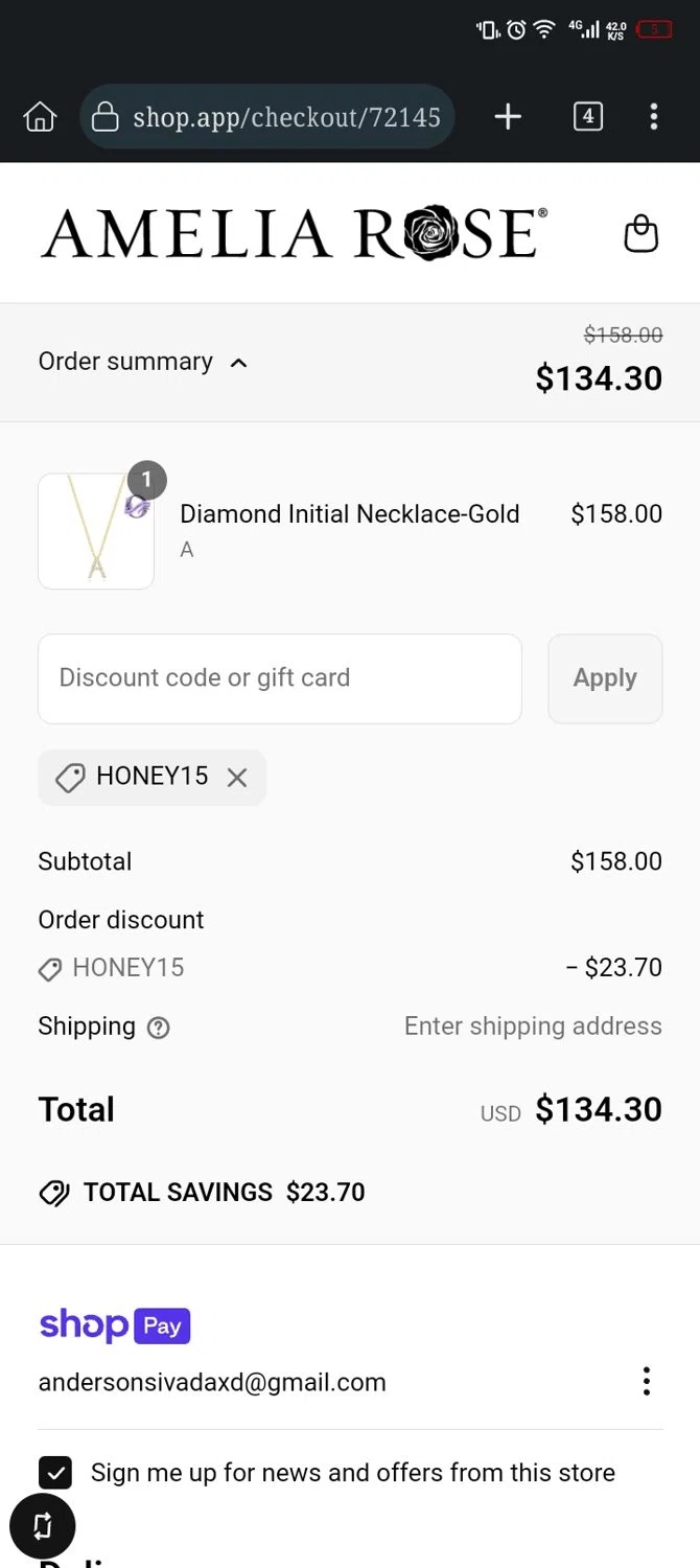 Amelia Rose Design promo code screenshot showing code HONEY15 applied at Amelia Rose Design checkout page. Uploaded by SimplyCodes community member Xx_Cogeburras3000_xX on May 13, 2025