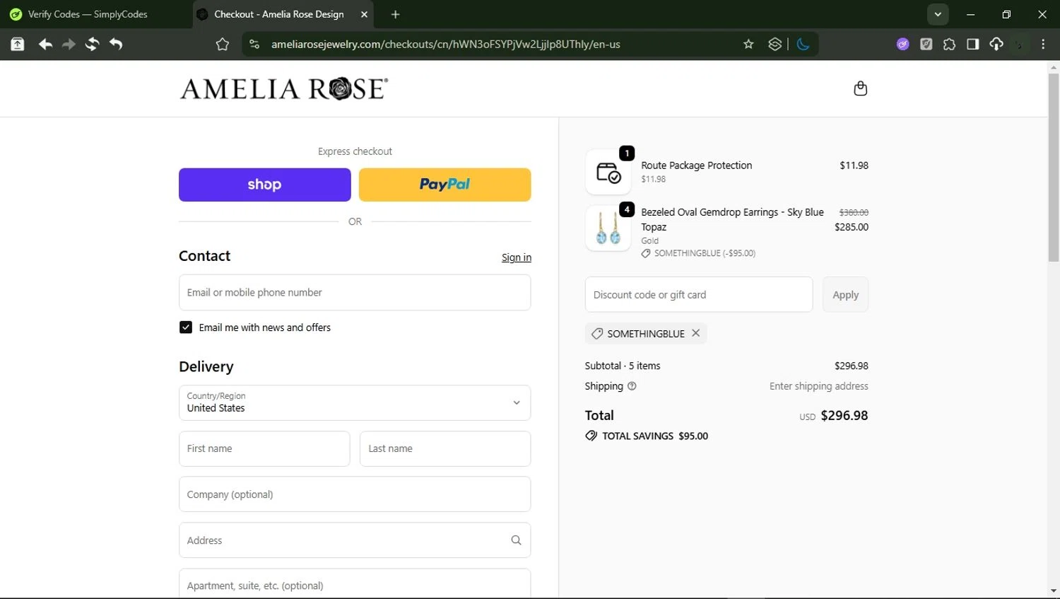 Amelia Rose Design promo code screenshot showing code somethingblue applied at Amelia Rose Design checkout page. Uploaded by SimplyCodes community member RewardMonarch1185 on Oct 6, 2025