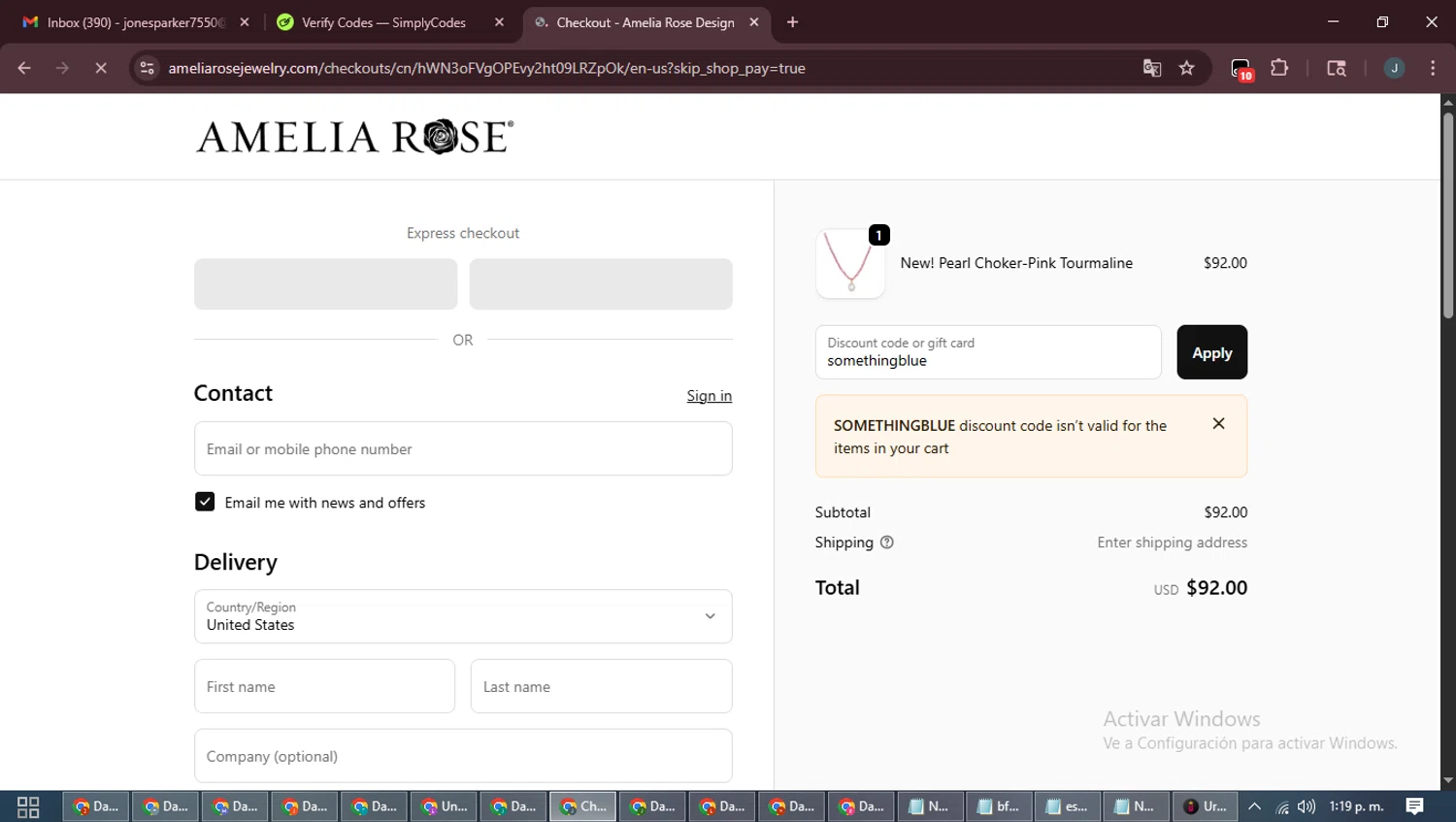 Amelia Rose Design promo code screenshot showing code somethingblue applied at Amelia Rose Design checkout page. Uploaded by SimplyCodes community member ScanLynx8928 on Oct 6, 2025