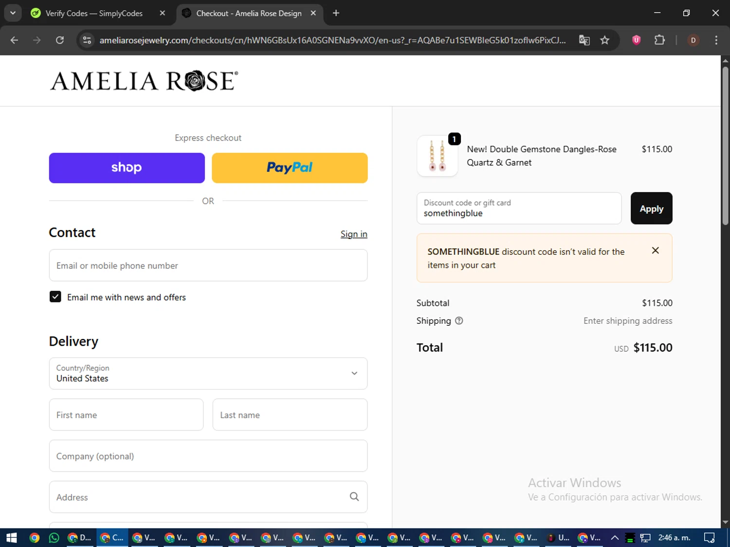 Amelia Rose Design promo code screenshot showing code somethingblue applied at Amelia Rose Design checkout page. Uploaded by SimplyCodes community member liltecca on Dec 10, 2025