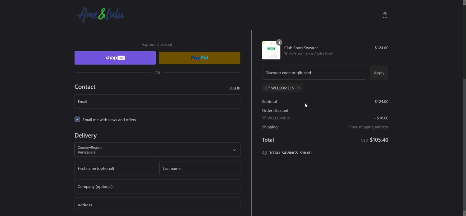 Ame & Lulu promo code screenshot showing code WELCOME15 applied at Ame & Lulu checkout page. Uploaded by SimplyCodes community member RichardWagner on Dec 31, 2024
