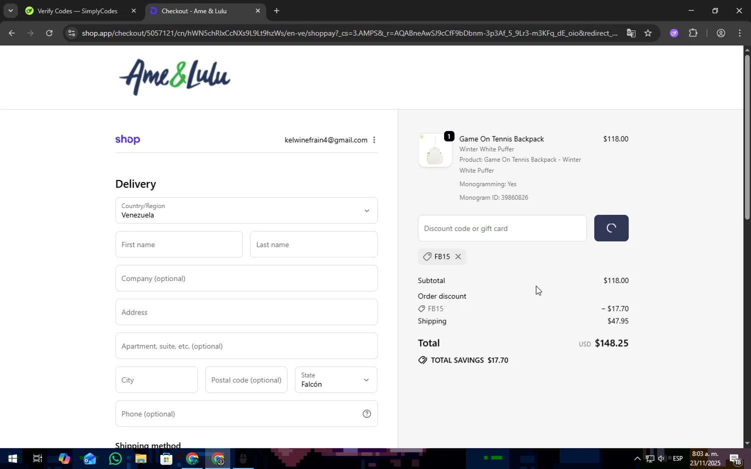 Ame & Lulu promo code screenshot showing code FB15 applied at Ame & Lulu checkout page. Uploaded by SimplyCodes community member Freeman on Nov 23, 2025
