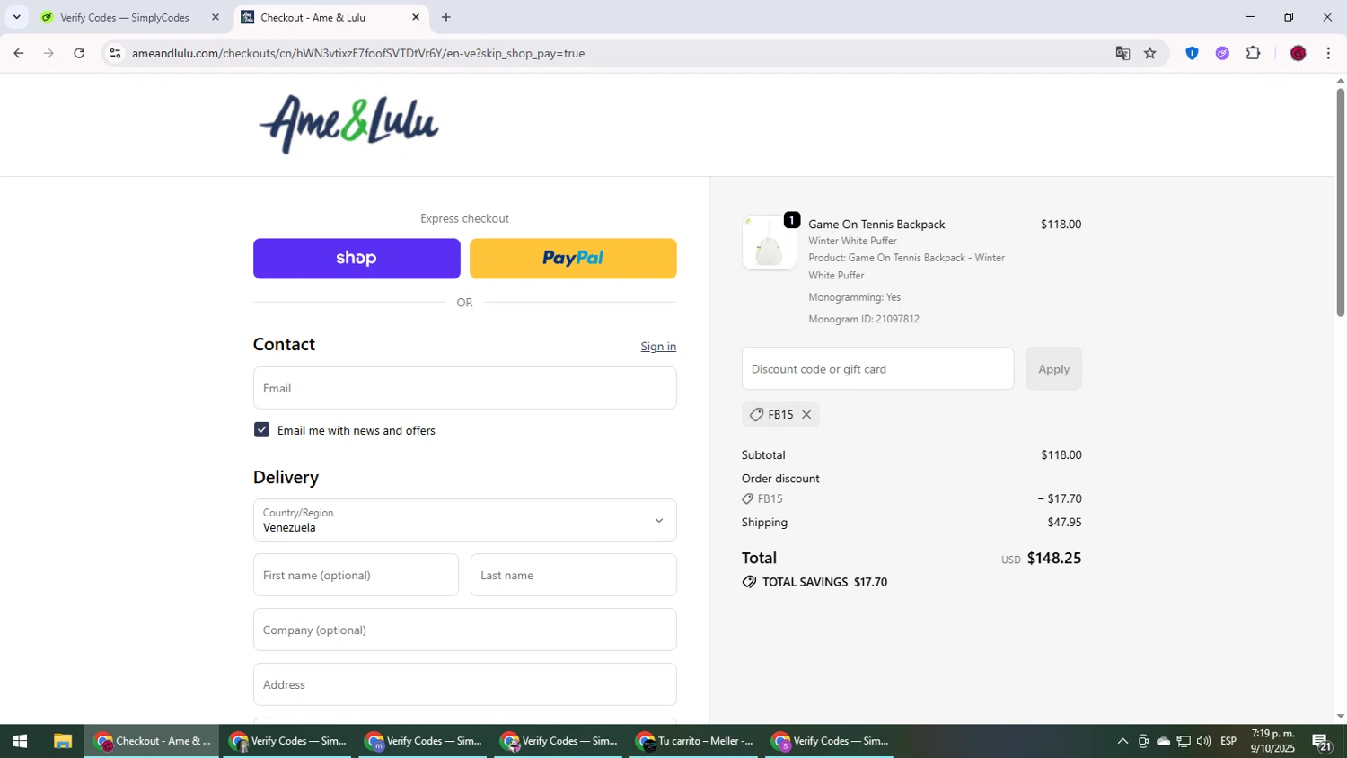 Ame & Lulu promo code screenshot showing code FB15 applied at Ame & Lulu checkout page. Uploaded by SimplyCodes community member MightyLegend6657 on Oct 9, 2025
