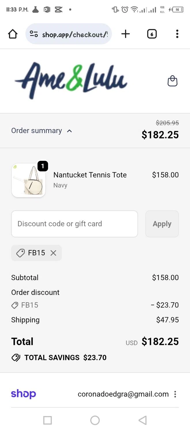 Ame & Lulu promo code screenshot showing code FB15 applied at Ame & Lulu checkout page. Uploaded by SimplyCodes community member tumiedo on Oct 6, 2025