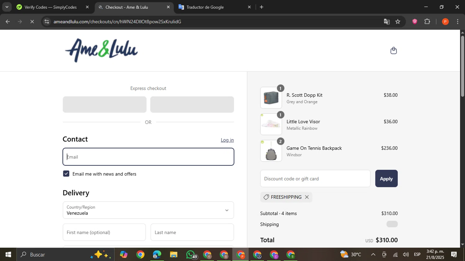 Ame & Lulu promo code screenshot showing code FREESHIPPING applied at Ame & Lulu checkout page. Uploaded by SimplyCodes community member VictoriousCaptain2658 on Aug 21, 2025